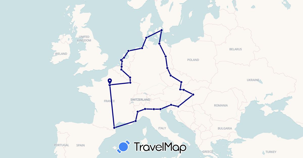 TravelMap itinerary: driving in Austria, Belgium, Czech Republic, Germany, Denmark, France, Croatia, Hungary, Italy, Luxembourg, Netherlands, Slovenia, Slovakia (Europe)